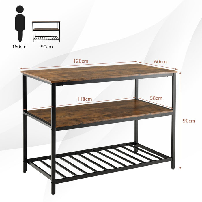 Rustic Brown 3-Tier Kitchen Shelf - Large Worktop, Metal Frame, Adjustable Pads - Ideal for Organizing Kitchen Essentials and Increasing Workspace