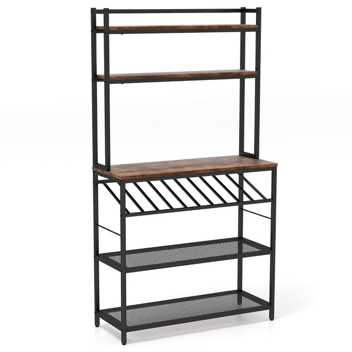 6-Tier Kitchen Rack - Baker’s Station with Wine Storage in Brown - Ideal for Chefs and Wine Enthusiasts