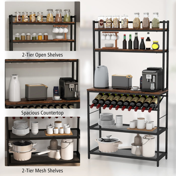 6-Tier Kitchen Rack - Baker’s Station with Wine Storage in Brown - Ideal for Chefs and Wine Enthusiasts