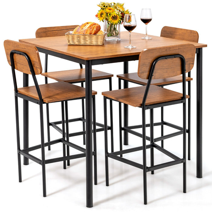 Industrial 5-Piece Dining Set - Bar Counter Height Table with 4 Stools in Walnut Finish - Ideal for Dining Rooms or Lounges