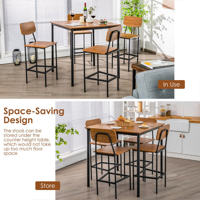 Industrial 5-Piece Dining Set - Bar Counter Height Table with 4 Stools in Walnut Finish - Ideal for Dining Rooms or Lounges