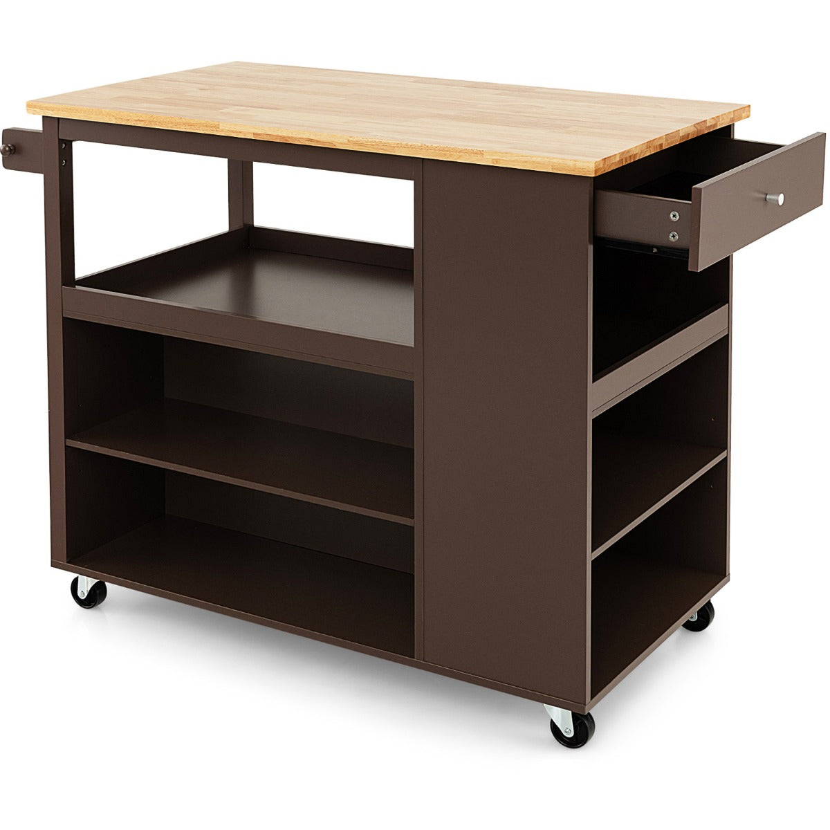 Rubber Wood Top Serving Trolley - Mobile Cart with Drawer in Brown - Ideal for Convenient Serving and Storage Solution