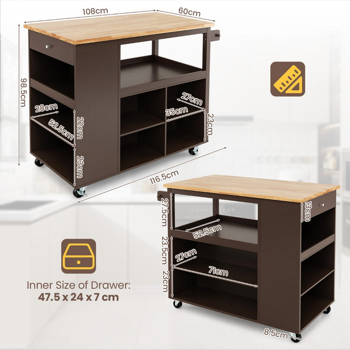 Rubber Wood Top Serving Trolley - Mobile Cart with Drawer in Brown - Ideal for Convenient Serving and Storage Solution