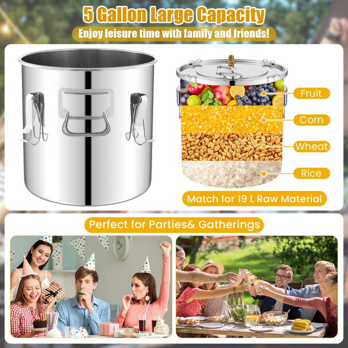 Stainless Steel 5 Gallon Water Alcohol Distiller - Integrated Thermometer, Durable Construction - Perfect for Home Brewing Enthusiasts