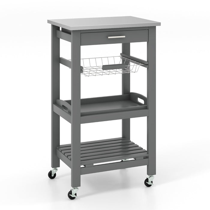 4-Tier Rolling Trolley Cart - Equipped with Lockable Wheels, Durable Basket, and Multifunctional Drawer in Grey - Ideal Storage Solution for Tight Spaces and Small Apartments