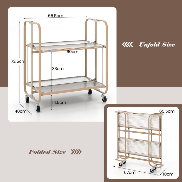 2-Tier Foldable Storage Cart - Tempered Glass Shelf in Golden Finish - Ideal for Space Saving Storage Solution
