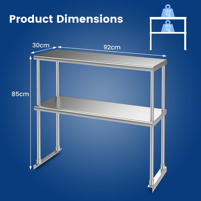 Stainless Steel Overshelf, 36 Inch - Adjustable Lower Shelf & Work Table Features - Ideal for Commercial Kitchen Organization