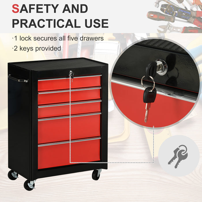 Heavy-Duty 5-Drawer Tool Chest - Portable Lockable Steel Storage Cabinet with Wheels & Handle - Ideal for Garage and Workshop Organization