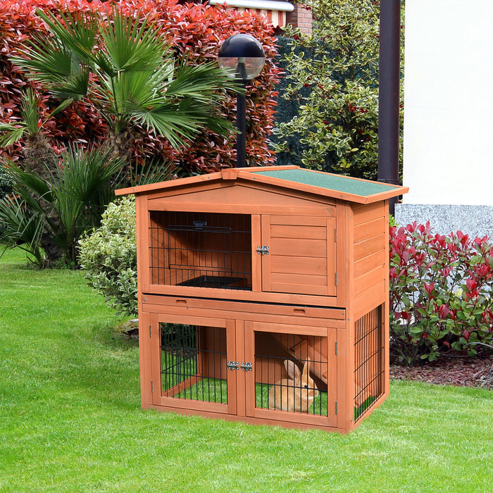 Wooden 2-Tier Animal Hutch - Rabbit & Guinea Pig Cage with Ramp, Slide-Out Tray, Indoor/Outdoor Use - Perfect for Small Pet Comfort and Easy Maintenance 100.5 x 55 x 101 cm