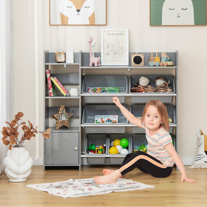 Kids Bookshelf Toy Storage Organizer - 8 Storage Boxes, 2 Open Shelves with Grey Finish - Ideal for Children's Room Organization