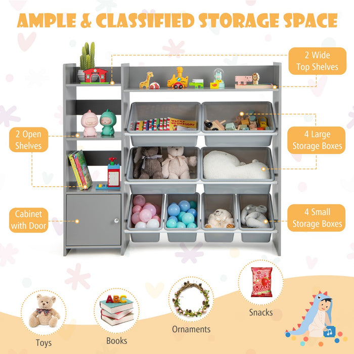 Kids Bookshelf Toy Storage Organizer - 8 Storage Boxes, 2 Open Shelves with Grey Finish - Ideal for Children's Room Organization
