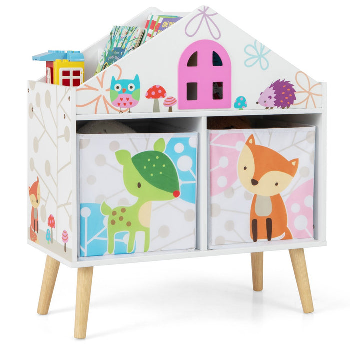 House-shaped Kids Bookshelf - With 2 Storage Bins and Elevated Solid Wood Legs - Ideal Storage Solution for Children's Room
