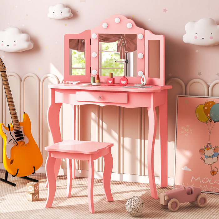 Kid's Furniture Collection - Vanity Table and Stool Set with Real Glass Tri-Folding Mirror and Drawer - Ideal for Children's Room Decor & Grooming Activities