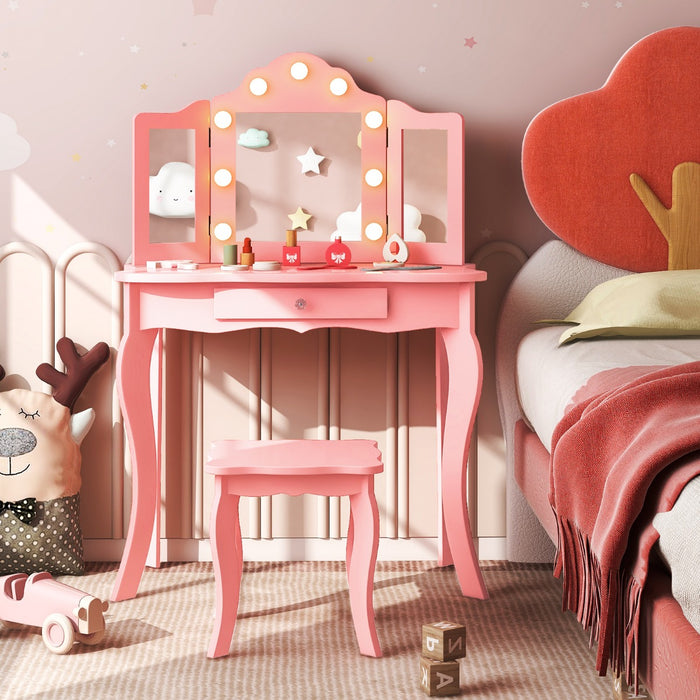 Kid's Furniture Collection - Vanity Table and Stool Set with Real Glass Tri-Folding Mirror and Drawer - Ideal for Children's Room Decor & Grooming Activities