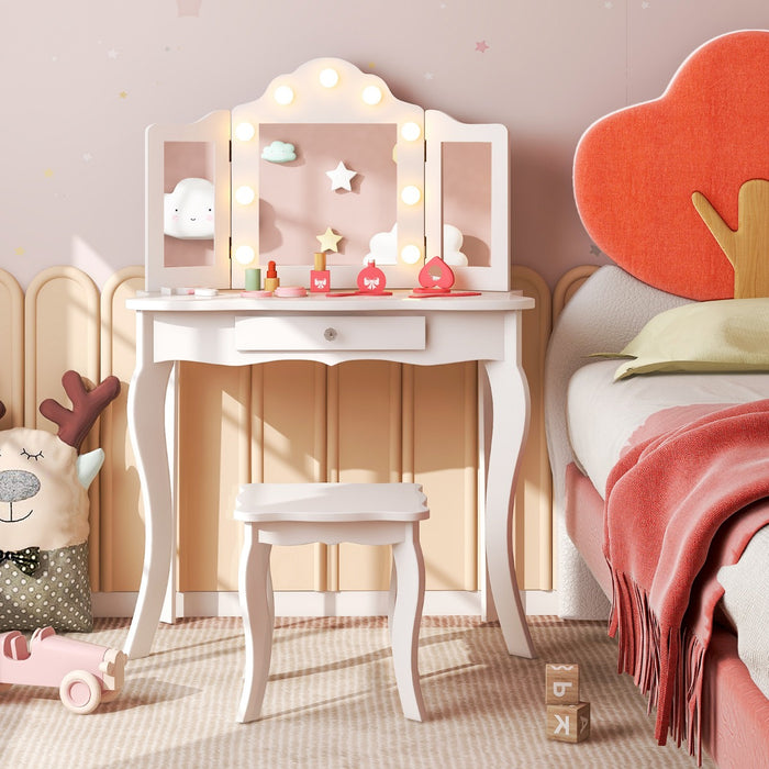 Kid's Furniture Collection - Vanity Table and Stool Set with Real Glass Tri-Folding Mirror and Drawer - Ideal for Children's Room Decor & Grooming Activities