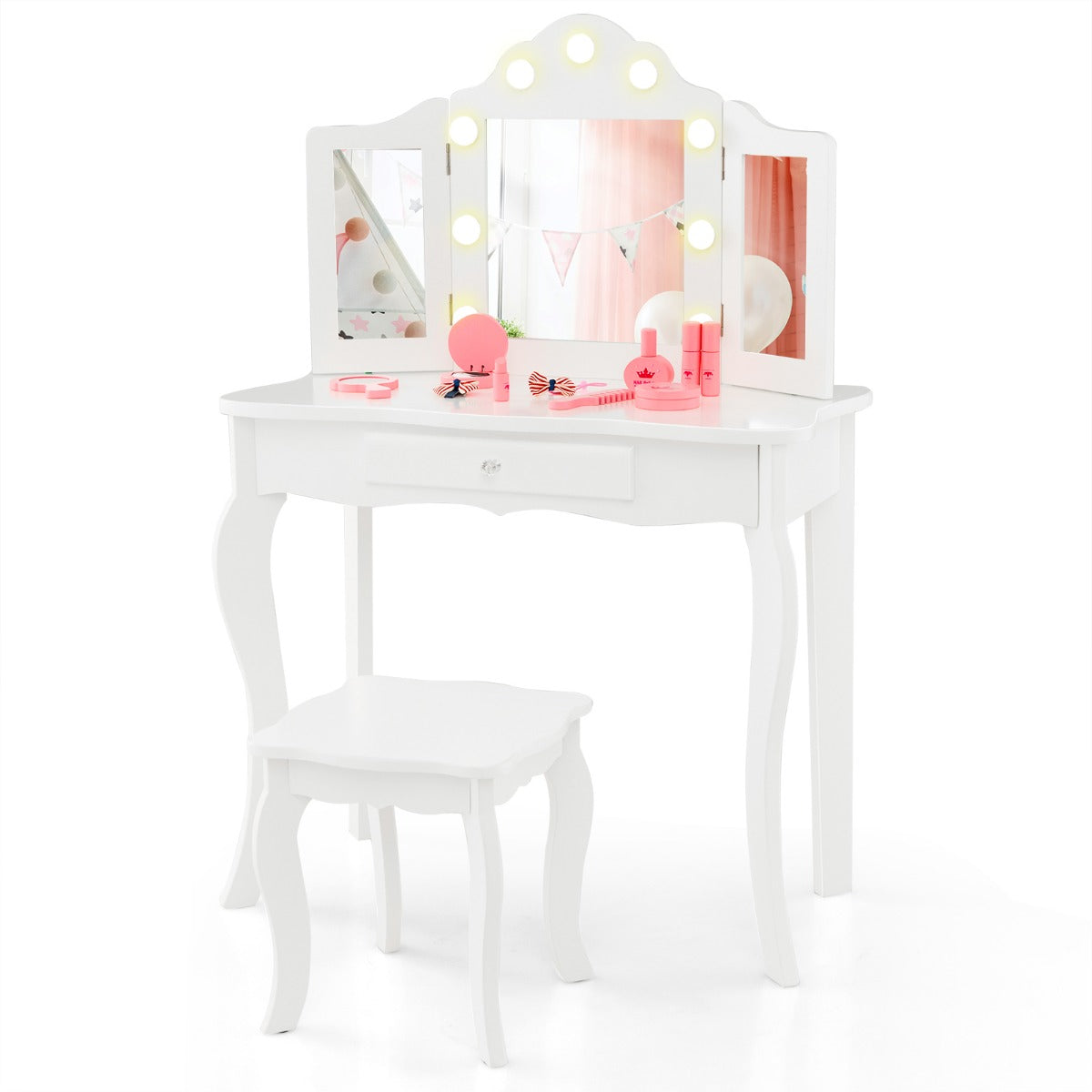 Kid's Furniture Collection - Vanity Table and Stool Set with Real Glass Tri-Folding Mirror and Drawer - Ideal for Children's Room Decor & Grooming Activities
