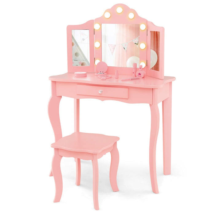 Kid's Furniture Collection - Vanity Table and Stool Set with Real Glass Tri-Folding Mirror and Drawer - Ideal for Children's Room Decor & Grooming Activities