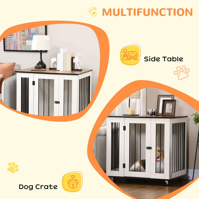 Dog Cage End Table with Wheels - Lockable Medium Dog Crate Furniture, 80x60x76.5cm, White - Stylish Pet Habitat for Home Convenience