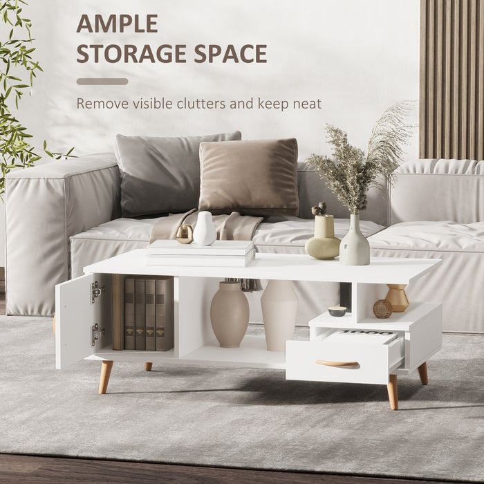 Modern Minimalism Storage Coffee Table - Sofa Side Table with Shelf & Drawer, White - Ideal for Living Room and Reception Room Organization