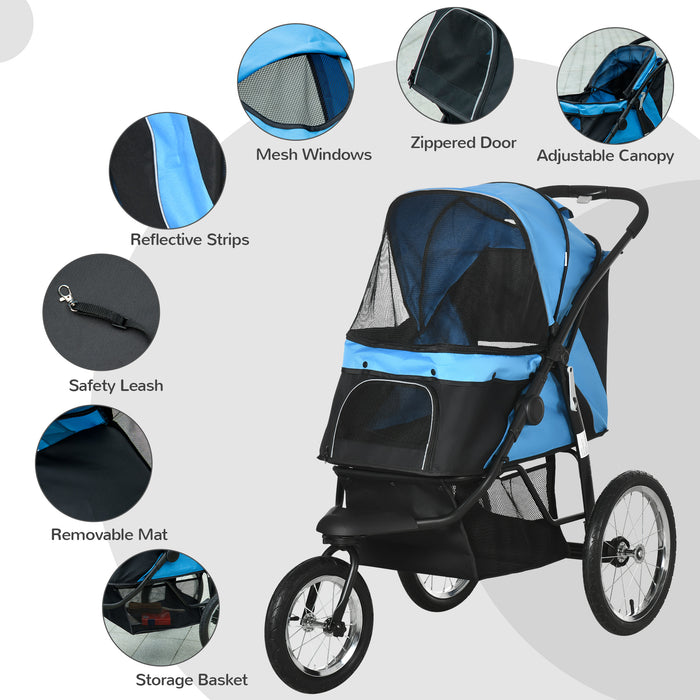 Foldable Pet Stroller with Adjustable Canopy - Sturdy Dog & Cat Pushchair with Smooth-Rolling Wheels - Ideal for Medium to Small Pets, Travel-Friendly Design, Blue