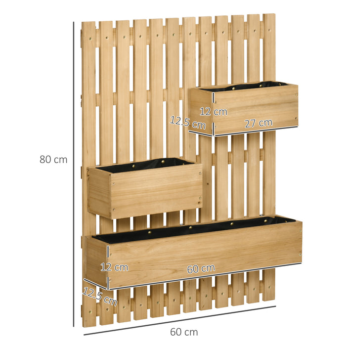 Wooden Garden Wall Planter with Trellis - Wall-Mounted Plant Holder with Drainage, 3 Adjustable Boxes - Ideal for Patio, Raised Bed Gardening in Natural Finish
