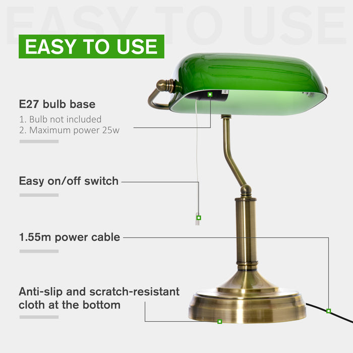 Antique Bronze Banker's Table Lamp - Green Glass Shade Desk Light with Pull Rope Switch - Classic Lighting for Home Office & Living Spaces
