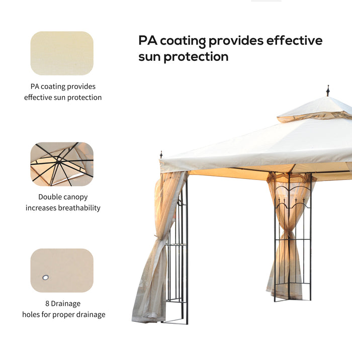 300x300cm Double-Tiered Garden Gazebo - Beige Outdoor Canopy with Sun Shade, Patio Event Shelter, and Mesh Curtains - Ideal for Backyard Parties and Gatherings