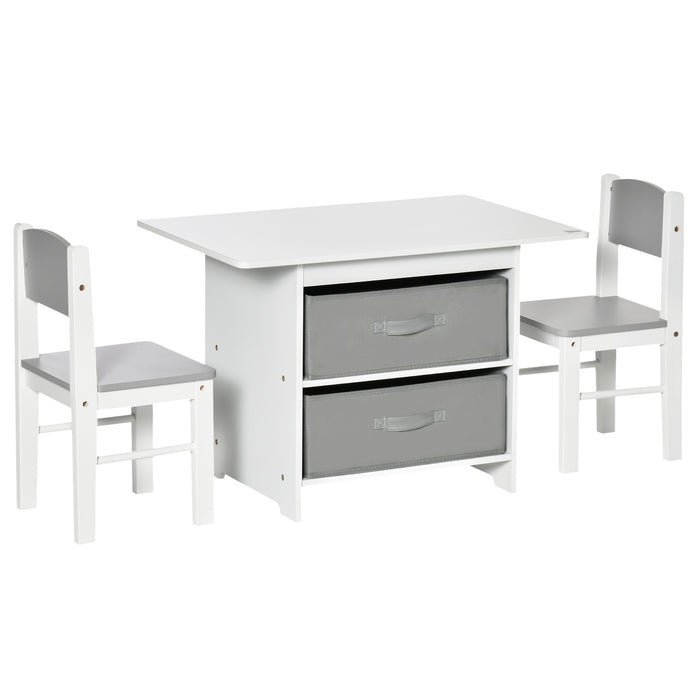 Kids 3-Piece Mini Furniture Set - Table & Chairs with Storage Drawers for Playroom and Bedroom - Safe Design for Toddlers 2-4 Years, White
