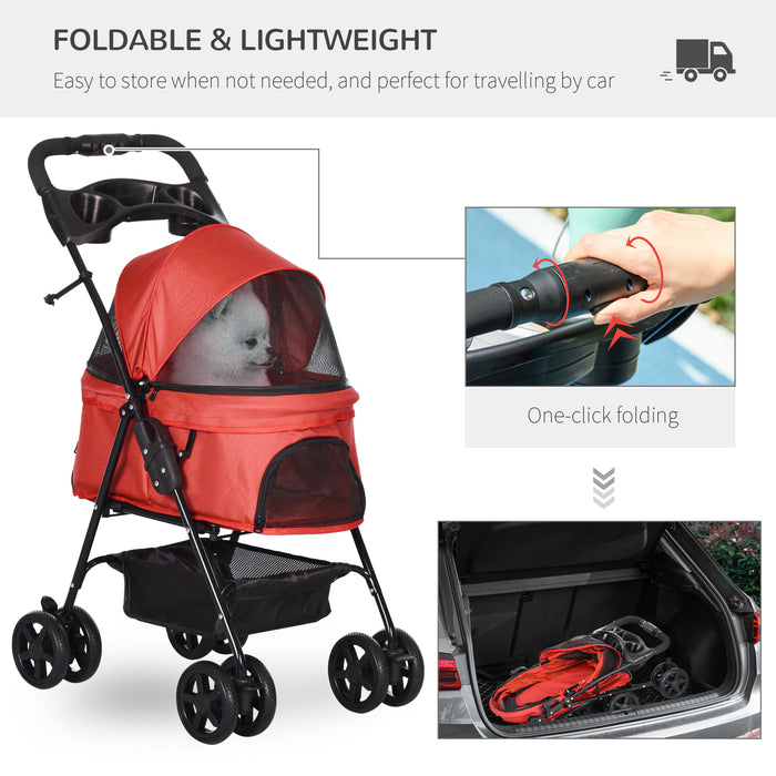 No-Zip Pet Stroller - Dog & Cat Travel Pushchair with Foldable Trolley, EVA Wheels, Brake, Basket - Adjustable Canopy & Safety Leash for Outdoor Jogging Convenience