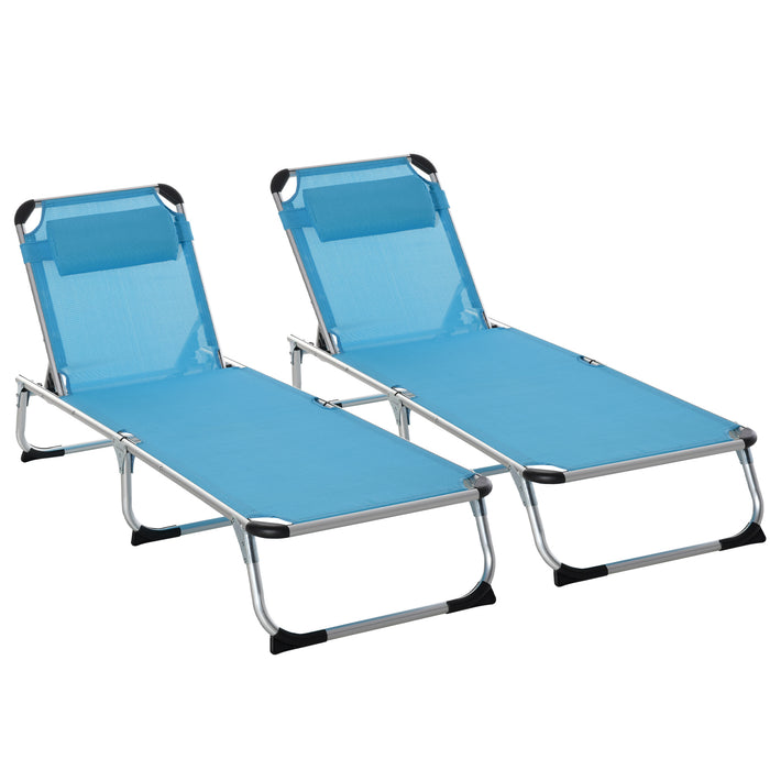 Adjustable Reclining Sun Lounger with Pillow - 2-Pack Aluminum Frame Folding Lounge Chairs, 5-Level Comfort - Ideal for Camping, Patio, Beach Relaxation