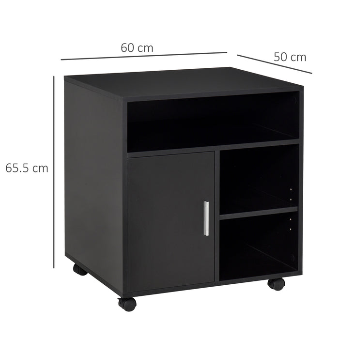 Mobile Rolling Printer Stand with Multiple Storage Shelves - Modern Office Side Desk Organizer, 60x50x65.5 cm, Black - Ideal for Workspace Organization and Mobility