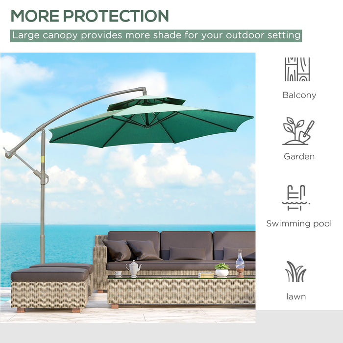 Banana Parasol Cantilever Umbrella - 2.7m with Crank Handle, Double Tier Canopy, Cross Base, Outdoor Hanging Sun Shade - Ideal for Patio, Backyard or Poolside Shade in Green