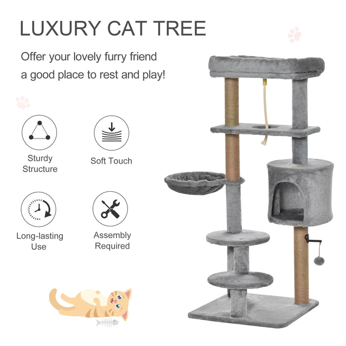 Luxury 120cm Jute Cat Tree - Scratching Post, Hammock, Perch, Hanging Ball, Teasing Rope, Condo Playhouse - Ideal for Cat's Play and Rest, Light Grey