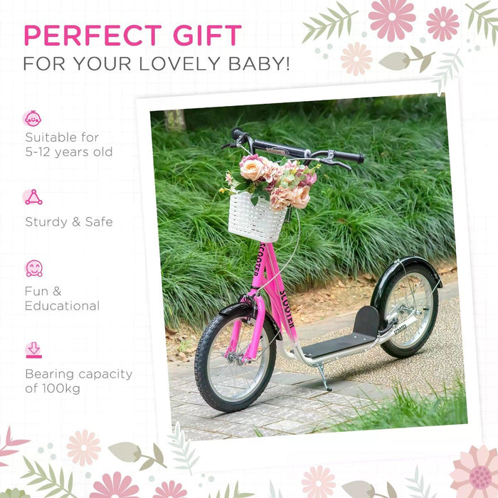 Kids Kick Scooter - Adjustable Handlebar, Dual Brakes, Basket, Cupholder, Mudguard, 16" Inflatable Rubber Tires in Pink - Fun and Safe Ride for Children and Teens