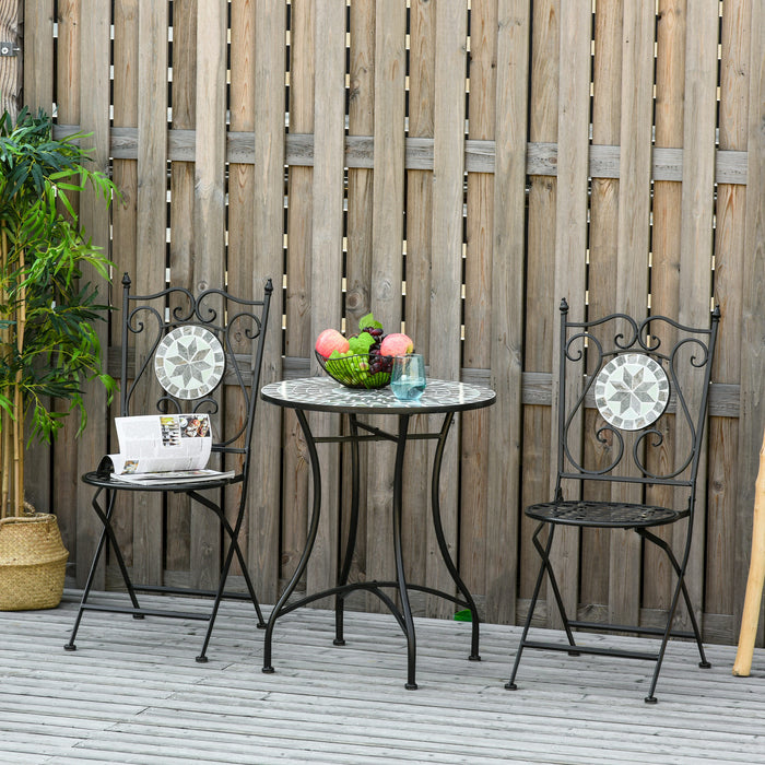 3 Pcs Mosaic Tile Bistro Set - Metal Frame Garden Furniture with Folding Chairs and Elegant Scrolling - Ideal for Outdoor Patio or Balcony Seating