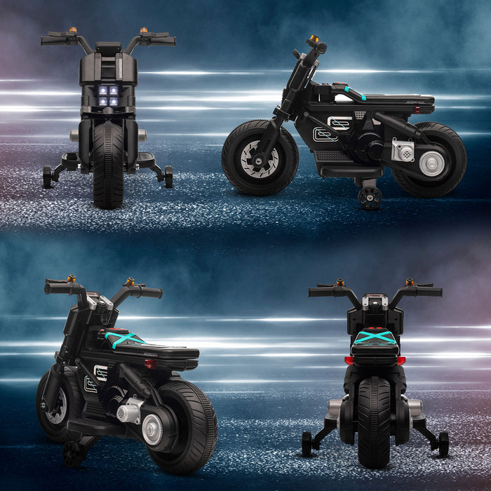 Kids' Electric Motorcycle with Sound Effects - Interactive Toy Ride-on with Siren, Horn, Headlights & Music, Stabilizing Training Wheels - Ideal for 3-5 Year Old Toddlers, Black