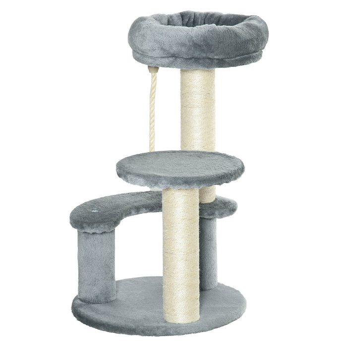 Kitty Scratcher 65cm Cat Tree - Activity Center with Scratching Post, Playhouse & 2 Perches - Ideal for Cats Exercise and Rest with Hanging Sisal Rope, Grey