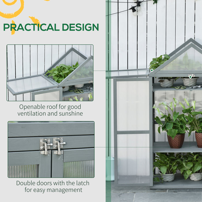 3-Tier Wooden Cold Frame Grow House - Polycarbonate Greenhouse with Adjustable Shelves and Double Doors, 80 x 47 x 138cm in Grey - Ideal for Season Extension and Plant Protection