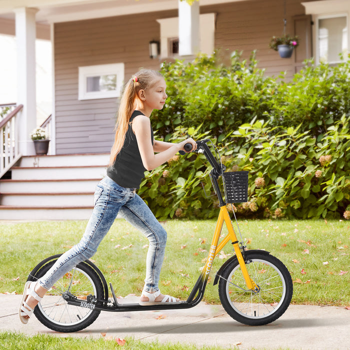 Teen Ride On Kids Kick Scooter - Adjustable Handlebar, 16" Rubber Tyres, Brakes, Basket, Cup Holder, Mudguard in Vibrant Orange - Perfect Outdoor Fun for Children and Adolescents