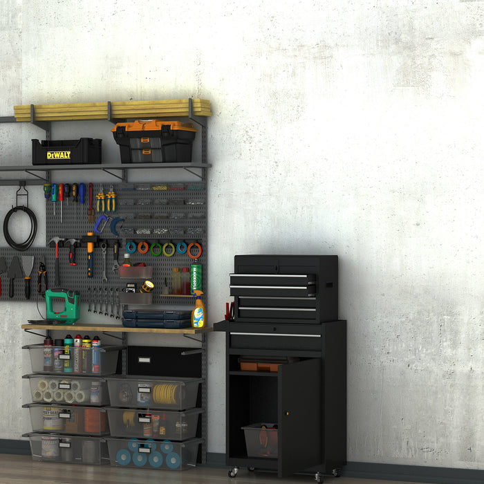 2-in-1 Metal Tool Chest Cabinet with Pegboard - 5 Drawers, Wheels, and Spacious Storage - Ideal for Workshop Organization and Mobility (60x28x104.5cm, Black)