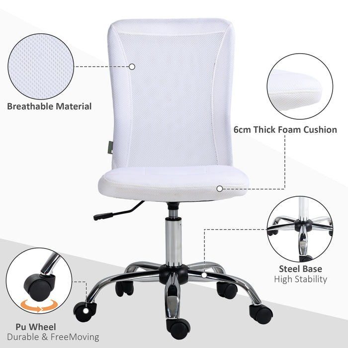 Mesh Swivel Office Chair with Adjustable Height - Armless Ergonomic Computer Desk Chair, White - Ideal for Comfortable Studying & Home Office Use