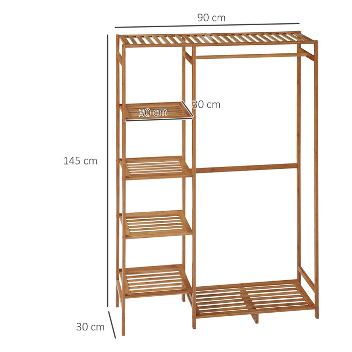 Bamboo Garment Rack with Hanging Rod - 6-Tier Bedroom Clothing Organizer with Storage Shelves - Space-Saving Solution for Living Room and Entryway