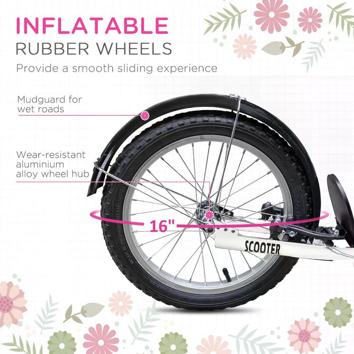 Kids Kick Scooter - Adjustable Handlebar, Dual Brakes, Basket, Cupholder, Mudguard, 16" Inflatable Rubber Tires in Pink - Fun and Safe Ride for Children and Teens