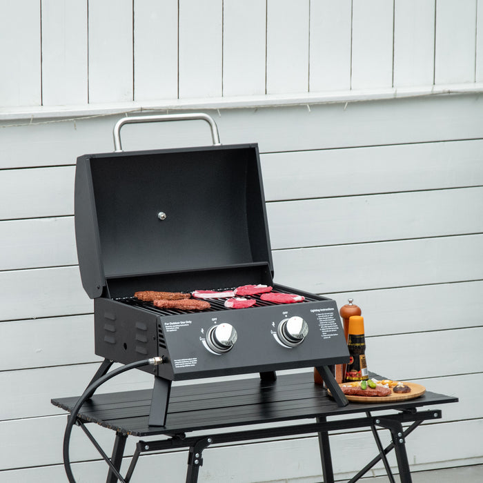 Portable 2-Burner Gas Grill with Folding Legs - Outdoor Tabletop BBQ, Built-in Thermometer, Durable Carbon Steel Construction - Perfect for Patio, Camping & Tailgating