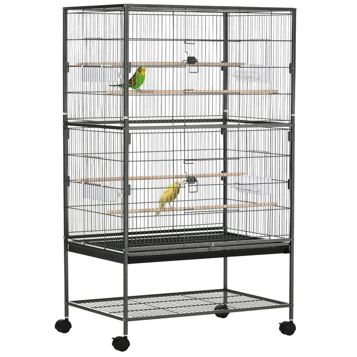 Large Rolling Aviary - Finch, Canaries, Parakeet Home with Slide-Out Tray and Food Containers - Optimal Habitat for Pet Birds with Storage Shelf