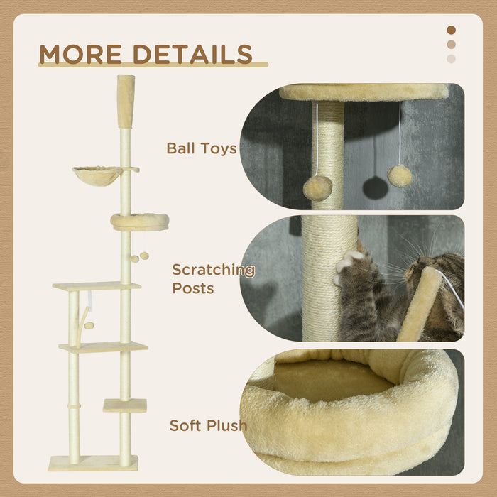 6-Tier Floor to Ceiling Cat Tree Play Tower - Climbing Activity Center with Multi-Level Platforms & Scratching Post - Adjustable Height for Kittens & Cats, Cozy Beige Design