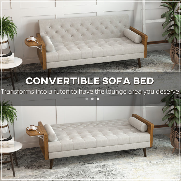Click-Clack 3-Seater Sofa Bed - Beige Button-Tufted Convertible Settee with Wooden Legs - Ideal for Living Room & Guest Sleeping Solutions