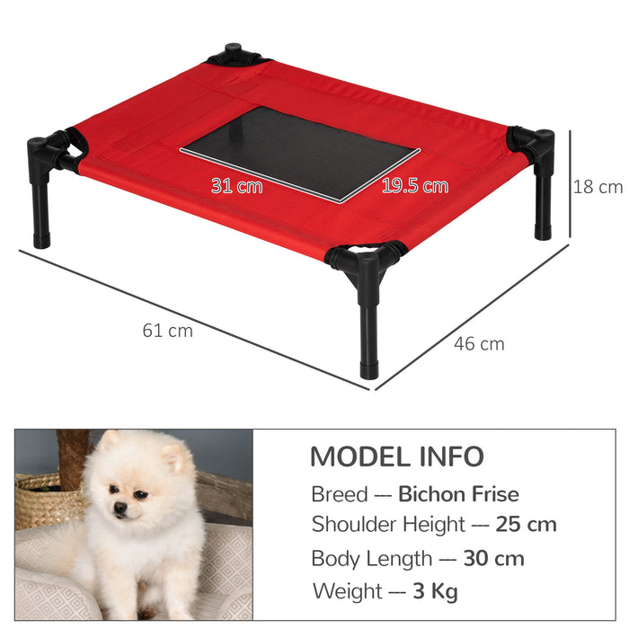 Portable Raised Dog Bed with Sturdy Metal Frame - Elevated Pet Cot in Black and Red for Small Breeds - Ideal for Camping and Outdoor Comfort