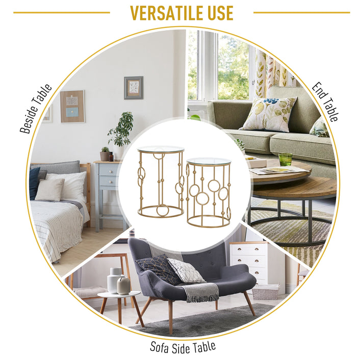 Gold Nesting Coffee Table Duo - Set of 2 Round Tables with Tempered Glass Top & Steel Frame - Elegant Space-Saving Furniture for Living Room