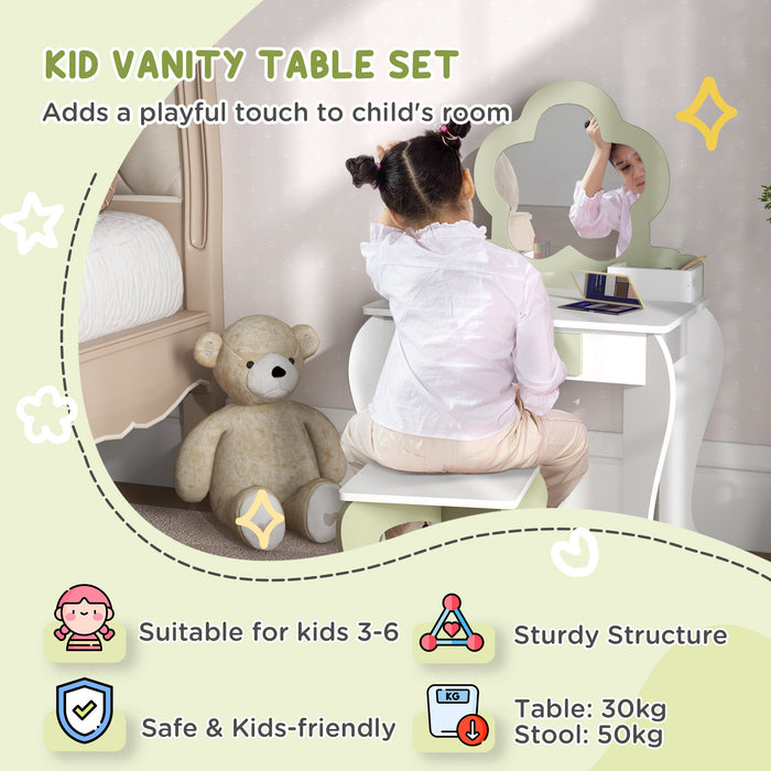 Kids Flower Vanity Set - Mirror, Stool, Drawer & Storage Boxes for Beauty Play - Perfect for Ages 3-6, White Design